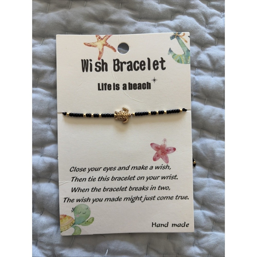 Wish Bracelet Sea Turtle Womens‎ OS Black Gold Coastal Beachy Beaded NEW
